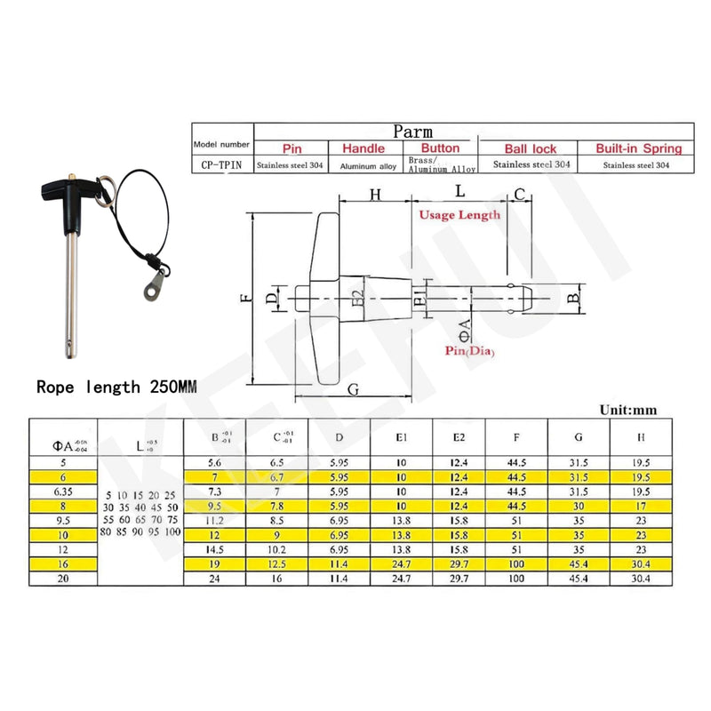 T Handle Lock Pins Stainless Steel 304 Push-Button Quick Release Pin, Pin Dia 3/8in(9.5MM). Clamping Length 54.8mm(2.16in) with Lanyard Cable (2) 2
