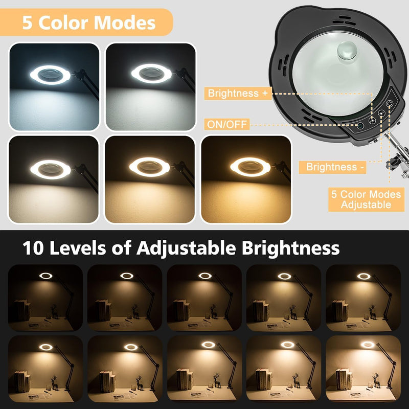 Magnifying Glass with Light and Clamp, 15X 10X Desk Magnifying Lamp, 84 LED Real Glass Lens Magnifier, 5 Color Modes Stepless Dimmable, Adjustable Hands Free Table Lamp for Repair Crafts Hobby Sewing - NewNest Australia