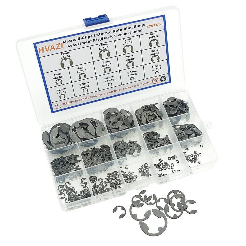420PCS Metric 1.2mm-15mm E-Clips External Retaining Rings Assortment Kit,DIN 6799,Black-Phosphate Finish