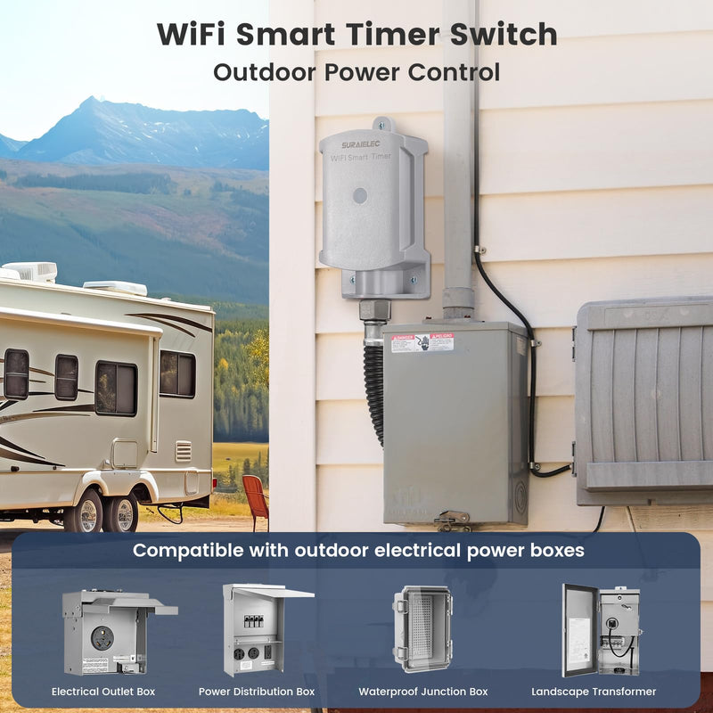 SURAIELEC 35 AMP Wi-Fi Smart Timer Switch for Outdoor Electrical Boxes, 120-240V Power Control, Power Distribution Waterproof Junction Box, RV Outlet, Pool Light, Security System, Holiday Decorations