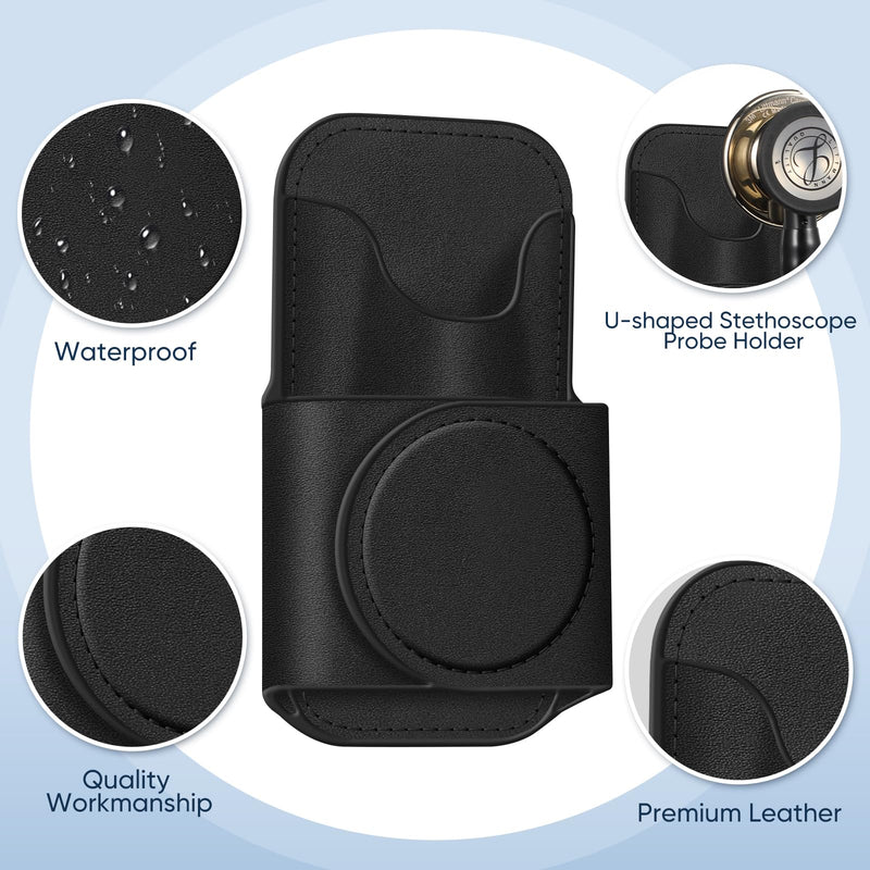 Stethoscope Holder Clip, Magnetic Premium PU Leather Stethoscope Hip Holder Lightweight Portable Holster for Physicians, Nurses, EMT, Medical Students, for 3M Littmann & Most Stethoscope, Black