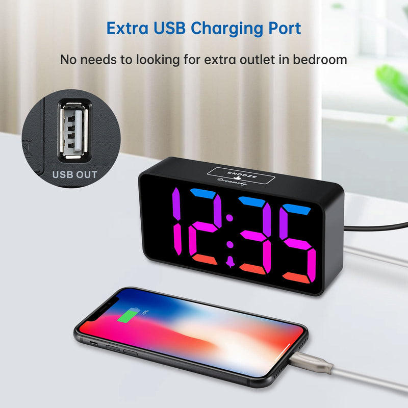 DreamSky Small Digital Alarm Clocks for Bedrooms - RGB Electric Alarm Clock for Kids Bedside Nightstand, Desk Clock with Large Numbers, Dimmer, Adjustable Alarm Volume, USB Port, USB-C Adapter Powered Black Case Rgb Digits