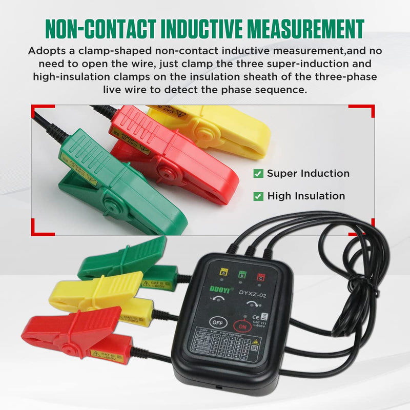 3 Phase Rotation Meter Non Contact Phase Sequence Tester 70V-600V AC Voltage Tester Short Detection, Live Wire Inspection Rotation Meter, with 23.62inch Cable Length,Carrying Bag XZ-02