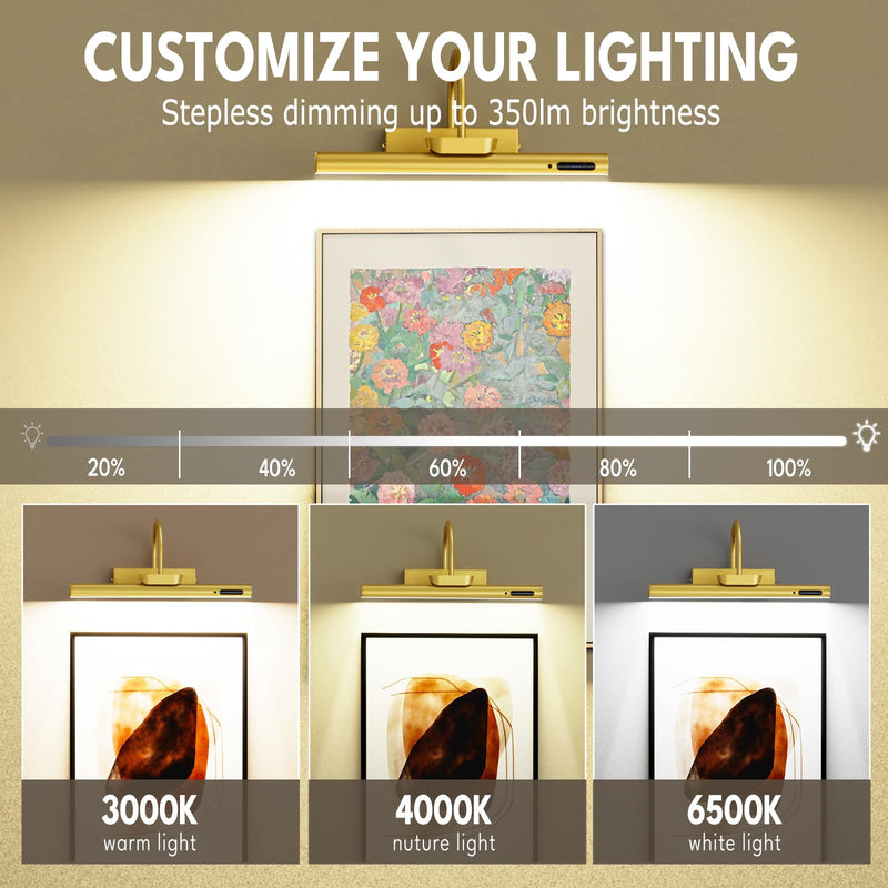 Bridika Picture Light Battery Operated, 13.8in Picture Lights for Wall, 3 Colors & Brightness Dimmable, Rechargeable Art Light for Paintings Photo Dartboard Gallery Bedroom Bathroom Gold