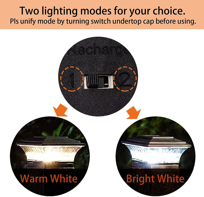 HUYIENO Solar Post Cap Lights Outdoor LED Lighting Deck Fence Cap Light Two Light Modes Warm White/Bright White Suitable for 4x4 Wooden Posts Brushed Copper 2PK