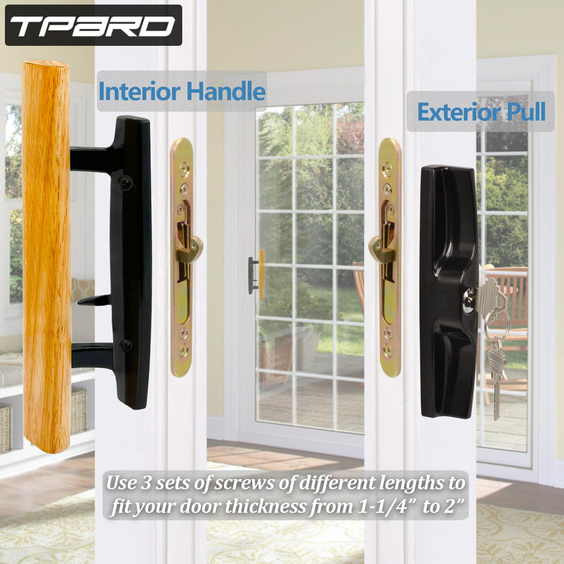 Sliding Glass Patio Door Handle Set with Key Cylinder and Mortise Lock 45° Keyway, Oak Wood Inside Handles and Zinc Diecast Outside Pull, 3-15/16" Hole Spacing, Non-Handed, Black Black Keyed Handles + Mortise Lock