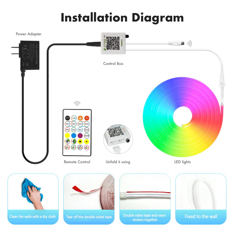 Neon Rope Lights, 20FT RGB Led Strip Lights, Waterproof IP67, DIY Design, Music Sync, 44 Keys Remote Control, Multiple Modes,for Living Room, Bedroom, Holiday Decoration 19.68FT