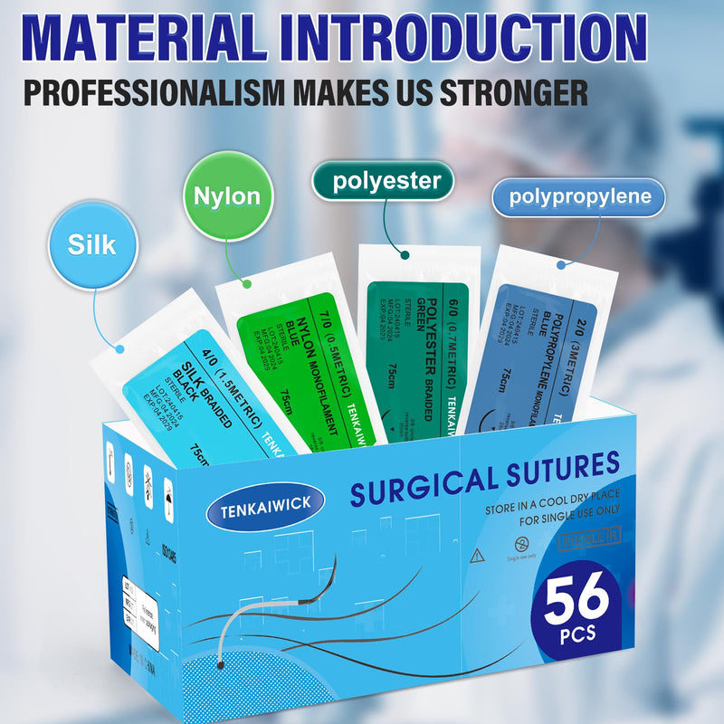 56 Packs Sutures Thread with Needle,Mixed Sutures, Training Threads(0,2/0,3/0,4/0,5/0,6/0,7/0) for Practicing Suturing can be Used for Suture Pads, Fruit peels,4 Material 56