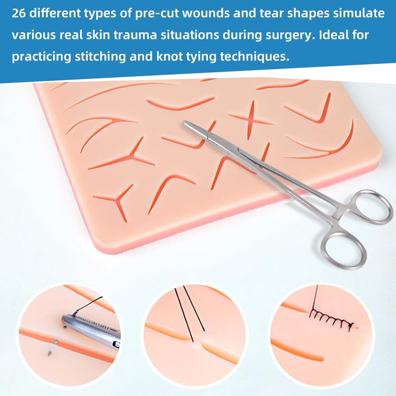 Suture Practice Pad Three-Layer Silicone Skin Kit, Upgraded 26 pre-Cut Wounds, Includes Large Silicone Lip Suture Pads for Medical Students Training