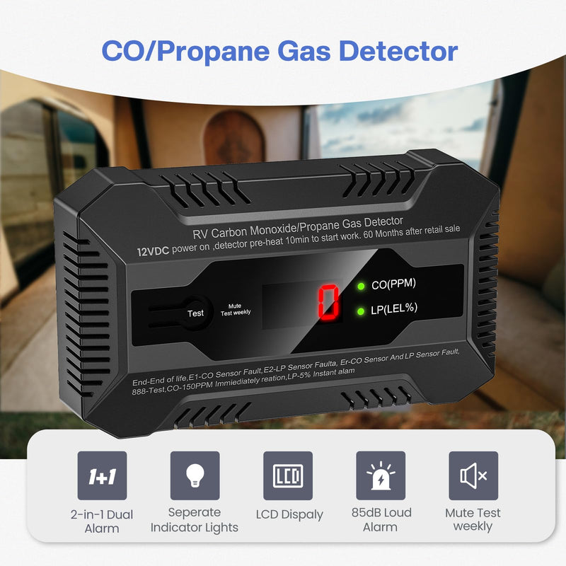 RV Carbon Monoxide and Propane Gas Detector, Dual LP/CO Gas Alarm with Separate LCD Indicator Lights, 85dB Loud Alarm, Carbon Monoxide Propane Gas Leak Detector for RV and Home Use-12V DC black