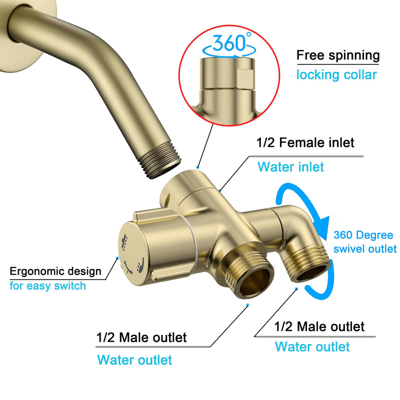 Solid Brass 3-Way Shower Arm Diverter Valve for Handheld Shower Head and Fixed Spray Head, G1/2 Universal Bathroom System Component Replacement Part (Brushed Gold) Brushed Gold
