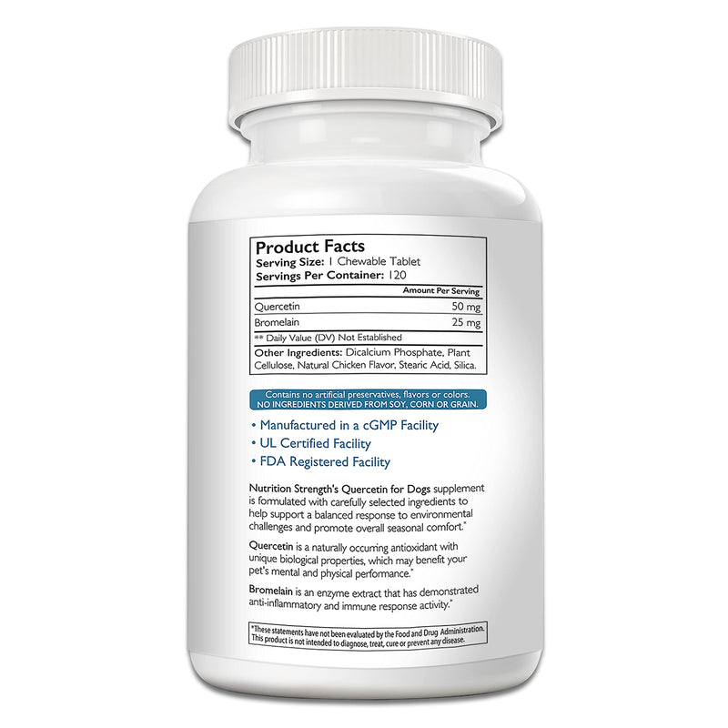 Nutrition Strength Quercetin for Dogs with Bromelain to Support Balanced Immune System, Promote Inflammatory Relief & Antioxidant Activity, Quercetin for Dog Allergies, 120 Chewable Tablets - PawsPlanet Australia