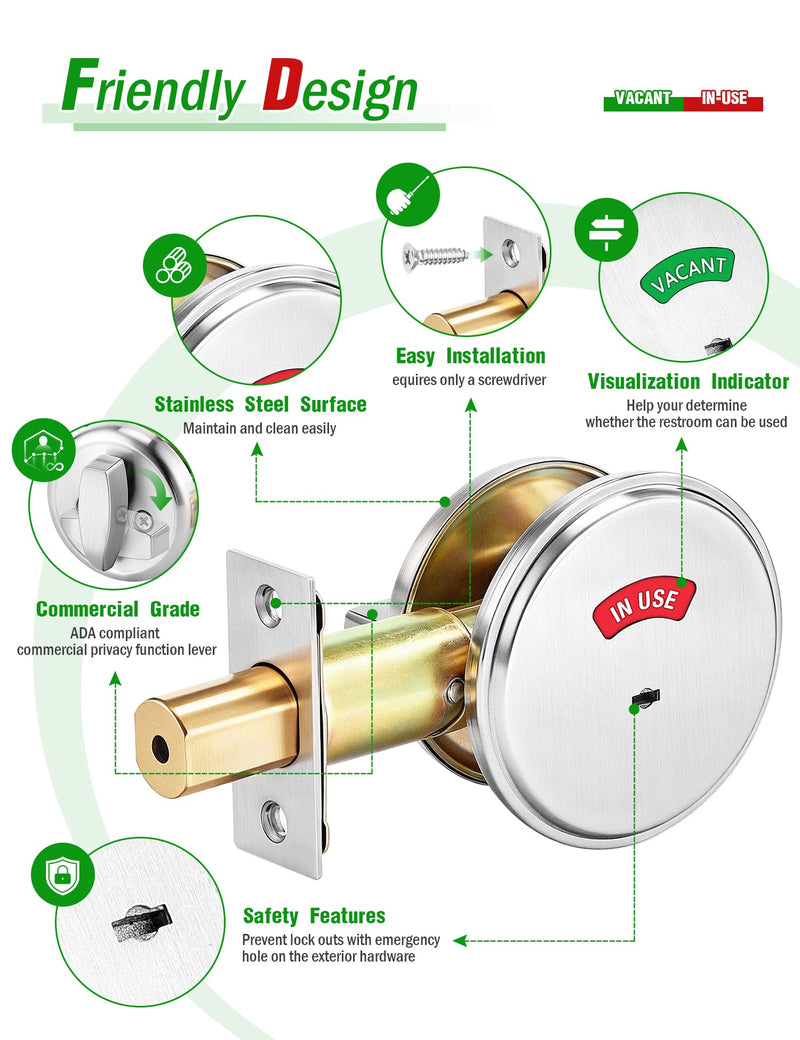 Commercial Bathroom Door Handle, Heavy Duty Privacy Indicator Lock with Vacant Occupied Sign, ANSI Grade 2 Bathroom Lock for Public Restrooms, Privacy Deadbolt for Toilet Stall - Sliver Silver-Deadbolt