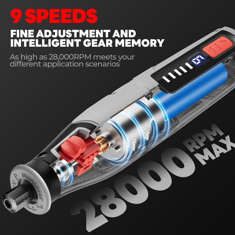 Rotary Tool - 4V Rotary Tool Cordless, PHALANX Rotary Tool Accessories 80 PCS 4000mAh Li-Ion Battery, Preset 9 Speed Adjustment Grinder Tool for Cutting Sanding Carving Polishing Engraver DIY Crafts Grey-4v