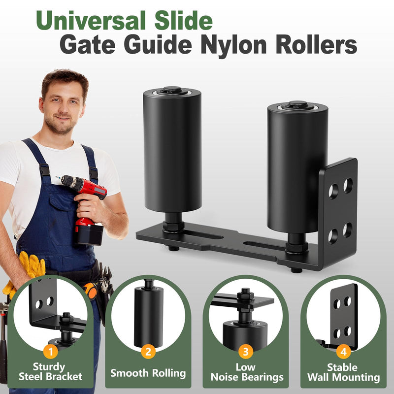 Adjustable Sliding Gate Roller Hardware Kit - Heavy Duty Steel Wall-Mount Bracket & Nylon Roller Guide for Rolling/Sliding Doors, Garage, Wood Gates (Black-2pcs, 4in) Black-2pcs