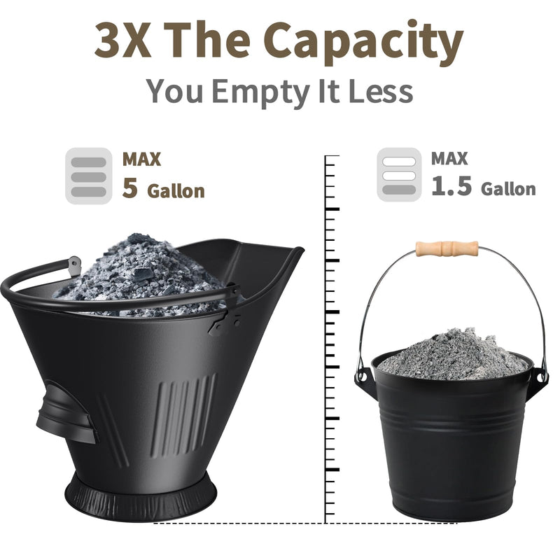 AMAGABELI GARDEN & HOME XXL 5-Gallon Ash Bucket for Fireplace Metal Coal Bucket Wood Stove Charcoal Bucket Hot Ashes Can Pail Fireside for Fire Pit Firewood Burning Indoor Outdoor Grill Hearth Tools Black 5-gallon Ash Bucket