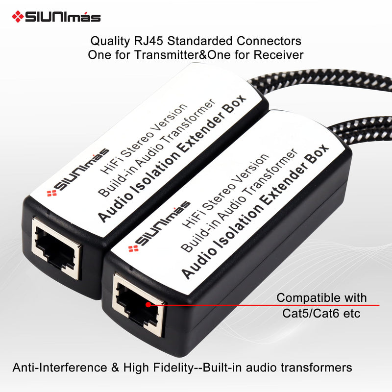 One Pair Pro Network RJ45 RCA Stereo Audio Extender Box Signal Converters Build-in Audio Isolators Connecting Over Cat5 / Cat6 etc with Quality Nylon Braided RCA Cords SIM-RJ45-RCA TO RCA (M-M)