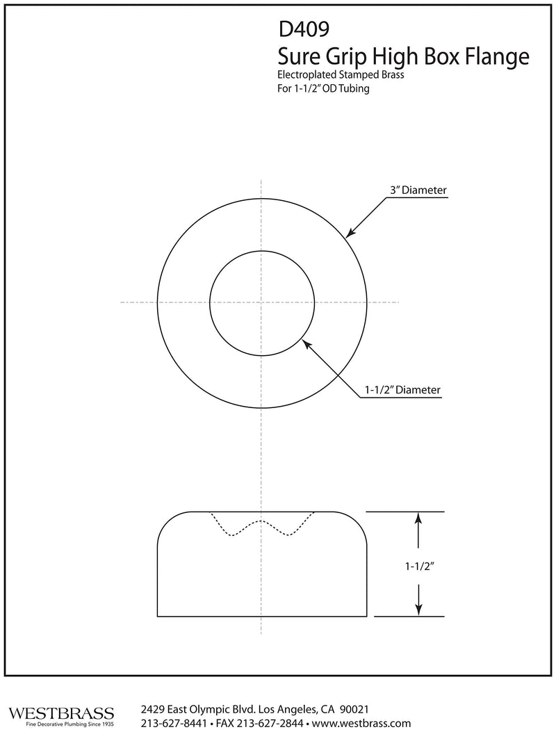 Westbrass R409-62 1-1/2" Opening x 3" OD Exterior Diameter High Box Patten Sure Grip Flange, Matte Black