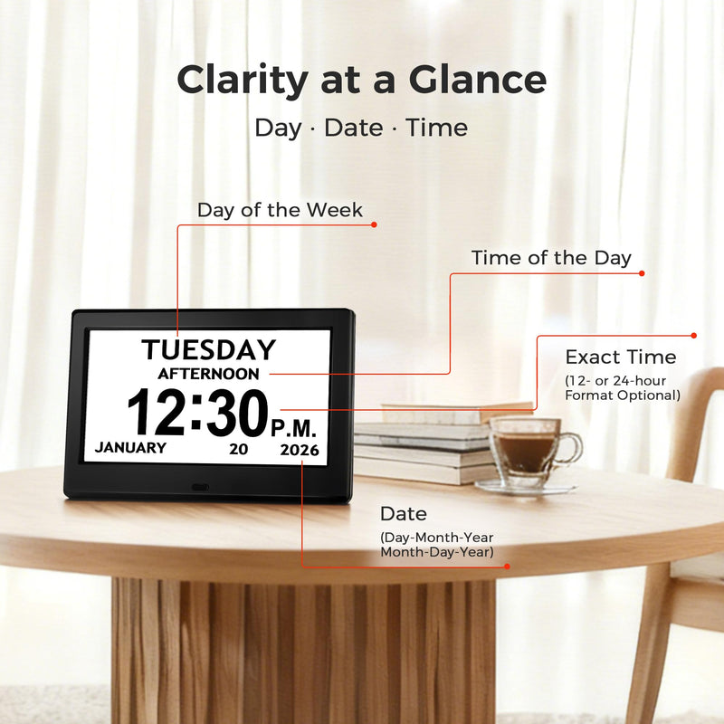 7'' Digital Clock, Dementia Clock With Date And Time, 10 Reminders, 6 Alarms, Auto-Dimming, Auto DST, Remote Control, Large Display Alarm Clock For Seniors, Gifts For People With Dementia, Alzheimers 7" Black