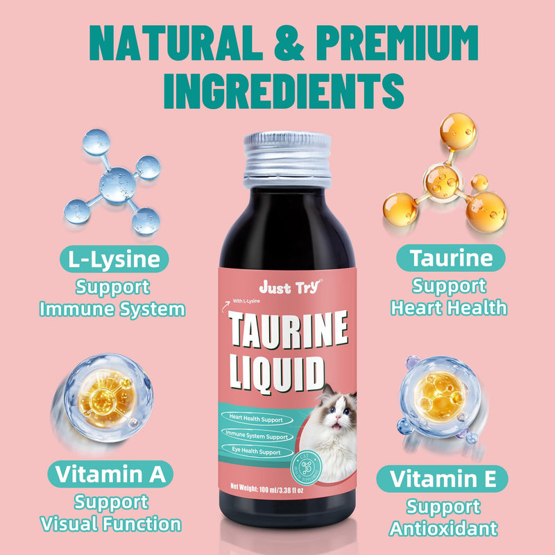 Just Try 3.38 fl oz Taurine & L-Lysine Supplement for Cats - Vitamins & Taurine for Immune Support & Allergy Relief - Lysine for Sneezing, Runny Nose and Watery Eyes - 100ML Chicken Flavor