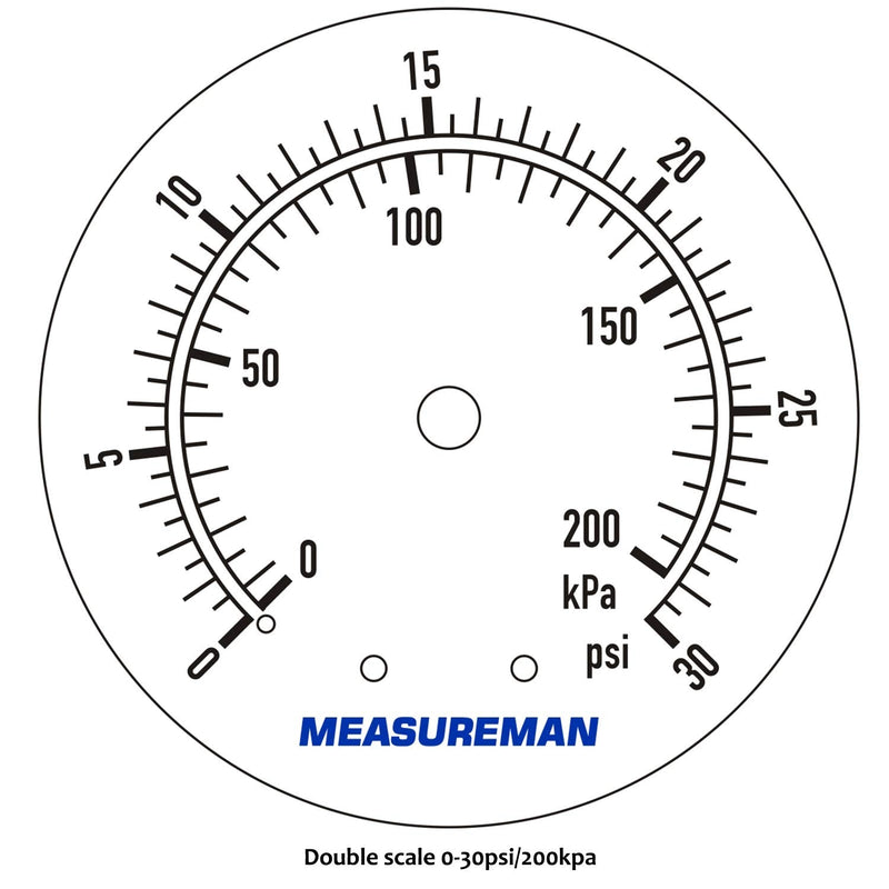 MEASUREMAN 2" Brass Gas Pressure Test Gauge Assembly, 3/4" FNPT Connection, 0-30 psi/kpa, +/-3-2-3% Accuracy 0-30psi/kpa Brass body