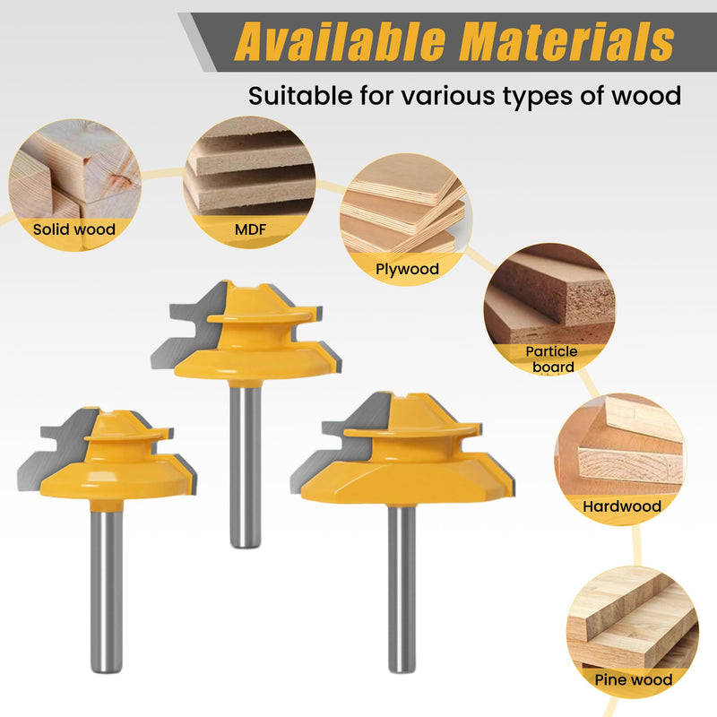 3PCS 45 Degree Lock Miter Router Bit 1/4 Inch Shank, Carbon Steel Joint Router Bits Woodworking Tools for Cabinetry Drawers Shadow Boxes, 3pcs, 1/4" Shank, 3/4" Cutting Height 3/4" * 3pcs