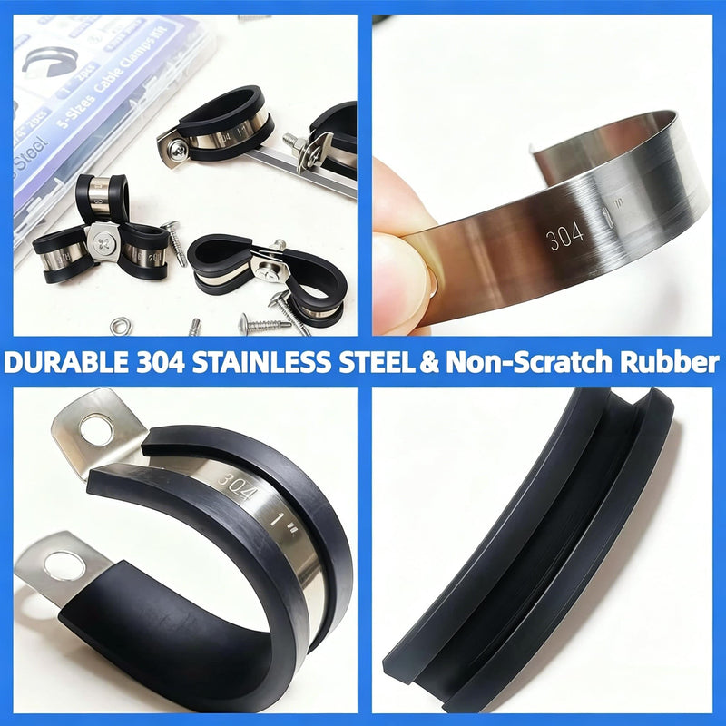 180 Pcs Cable Clamps Assortment Kit, 304 Stainless Steel P Clamps with Rubber Cushion, 7 Sizes (1/4"-1") for Hose, Pipe, Wire, Fuel Line, Automotive, Marine, RV 180 Pcs