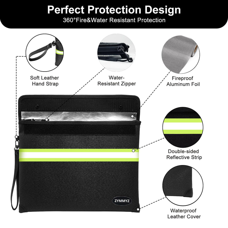 Fireproof Document Bag with Water Resistant Zipper,6200°F Heat Insulated Fire Proof Pouch with Soft Leather Hand Strap,Fire and Waterproof Envelope for Cash,Documents,Jewelry Black Large Size(without Lock)
