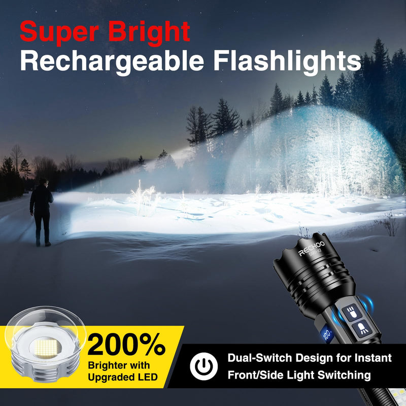 RECHOO Rechargeable Flashlights High Lumens, 7Modes Dual-Switch Flashlight Rechargeable with LCD Digital Display, Super Bright Flashlight Powerful Flash Light LED Flashlights for Home Camping Black-2Pcs
