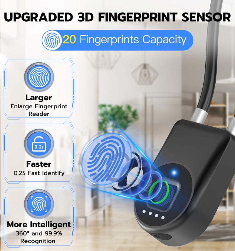 Fingerprint Cable Lock, Anweller 14" Long Shackle Keyless Entry Biometric Waterproof Bluetooth Smart Combination Padlock for Gate Outdoor Fence Fridge Cabinet Locker Pool Yard Pantry Bike - Black Back