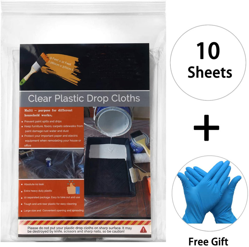 10 Piece Painter Plastic Drop Cloths Sheet,Waterproof Anti-dust Cover,9x12 Feet Disposable Tarp for Painting for Couch/Furniture Cover 10 Sheets Transparent