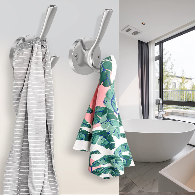 Brushed Nickel Wall Hooks Towel Hooks, 2 Pack Coat Robe Hook Heavy Duty Bathroom Double Hook Wall Mounted, Hand Towel Hooks for Closet Entryway Cubicle Kitchen Silver