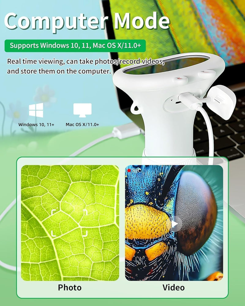 Digital Microscope Handheld 2.0 inch IPS Color Screen,Portable Digital Magnifying Glass 1000x,Marco Microscopes,uilt-in 8LED Lights,USB Compatible with PC Windows, Mac OS