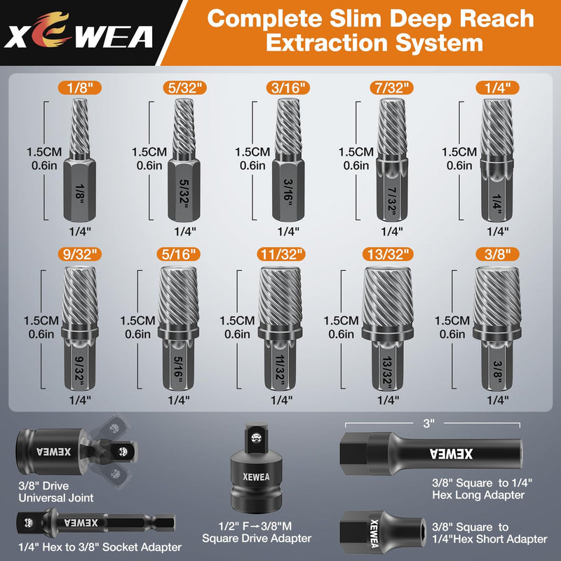 XEWEA 15PCS Bolt Screw Extractor Set, Upgrade Long Slim CR-MO Multi Spline Easy Out remover Tool Kit, 1/4" Hex Reach Design for Tight & Deep Spaces, Removes Stripped, Broken, Rusted, Rounded Studs