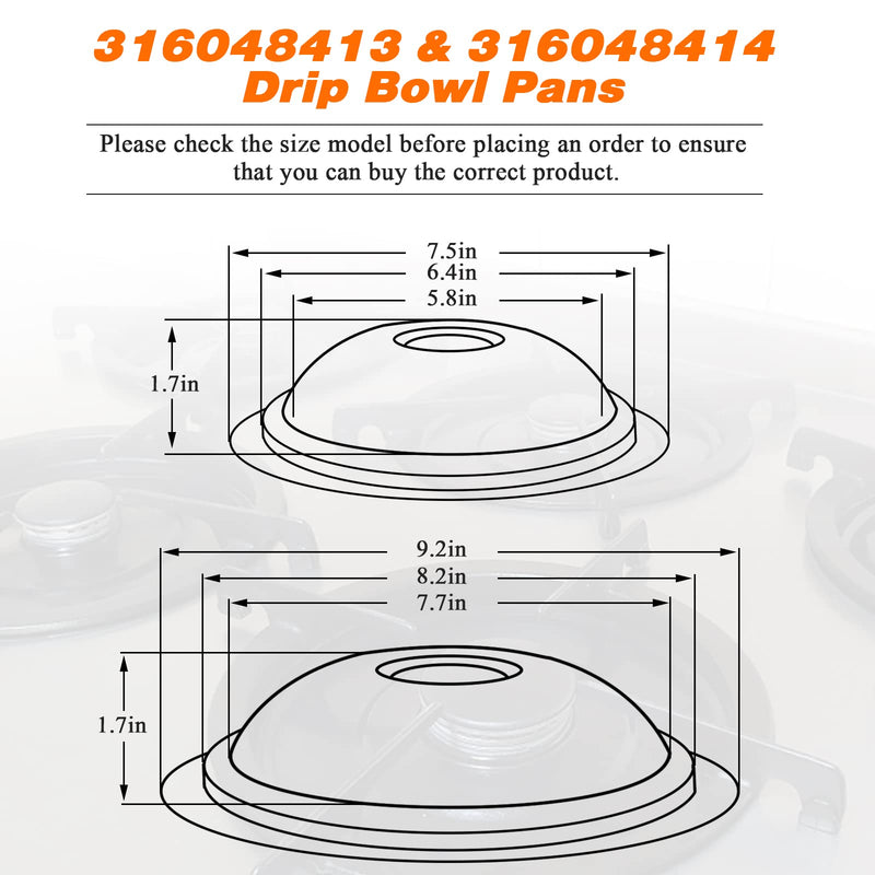 316048413 316048414 Electric Stove Burner Drip Pans by Blutoget - Fit for Frigidaire Ken-more Electric Range Top with Locking Slots- Includes 2 6-Inch and 2 8-Inch Pans,Silver(Chrome Plated Steel)