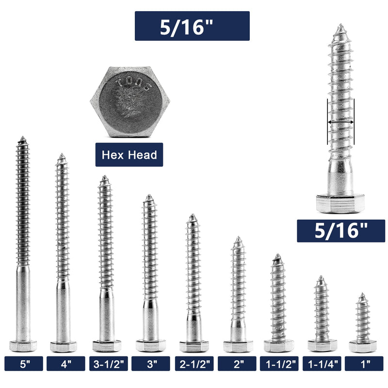 5/16" x 2" Hex Head Lag Screws Bolts 20Pcs 304 Stainless Steel 18-8, Partial Thread, Hexagon Head Wood Screws by SG TZH 20 5/16-18 x 2"