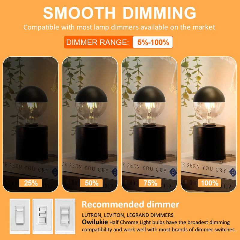 Half Chrome Light Bulb 6W (60W Equivalent), Dimmable Decorative LED Edison Bulb G80/G25, E26 3000K Soft White Globe Tipped Edison Bulbs, Globe Shape LED Bulb,E26 Base Pack of 6 G80-Black-6W-3000K