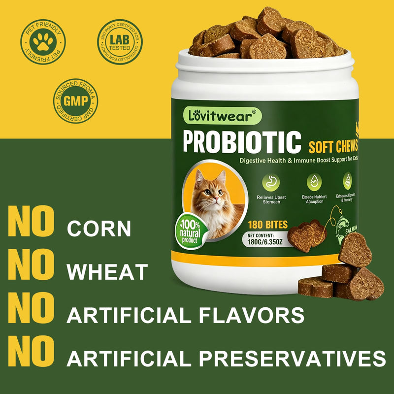 Cat Probiotic Soft Chews, Salmon Flavor, 1B CFU, Grain-Free, Omega 3&6, Cranberry, Gut Health & Digestive Support B