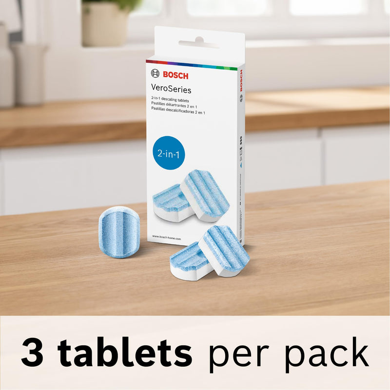 Bosch Descaling Tablets for VeroCafe Espresso Machines - 2-in-1 Descaler and Cleaner, Removes Limescale, Corrosion Buildup - Accessory for VeroCafe, 3 Tabs - TCZ8002US