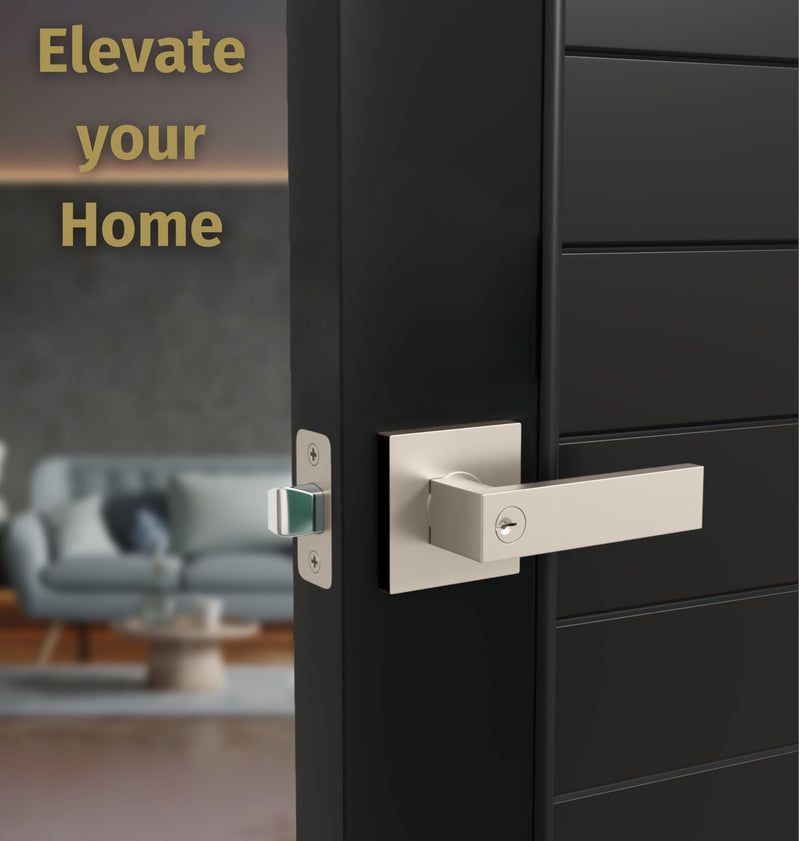 Mega Handles ROBELL Entry Lever, Door Handle, Heavy Duty Square Locking Door Levers Set for Left or Right-Handed Doors - Satin Nickel 1 Pack Entrance