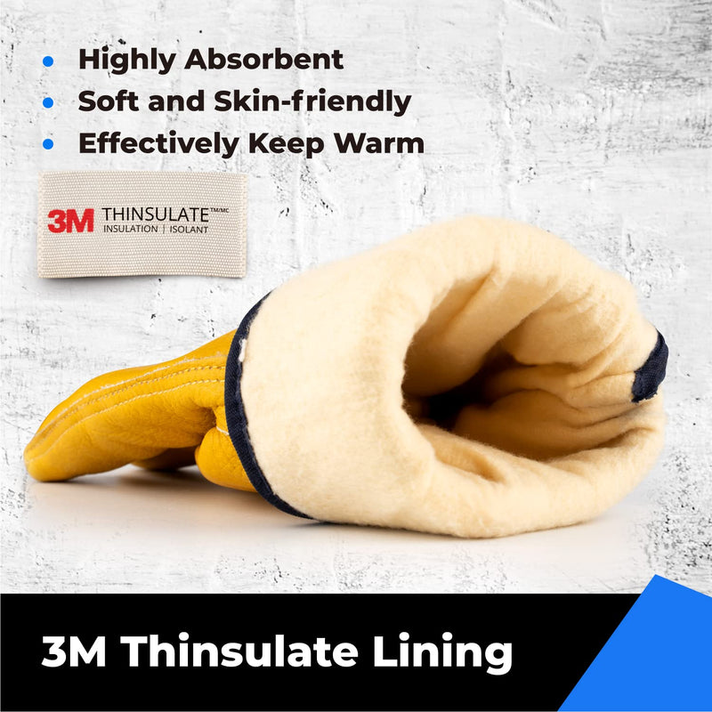 toolant Winter Leather Work Gloves, Warm 3M Thinsulate Lining for Cold Weather Work, Thermal Insulated Gloves Yellow - Winter Version (2 Pair) Large