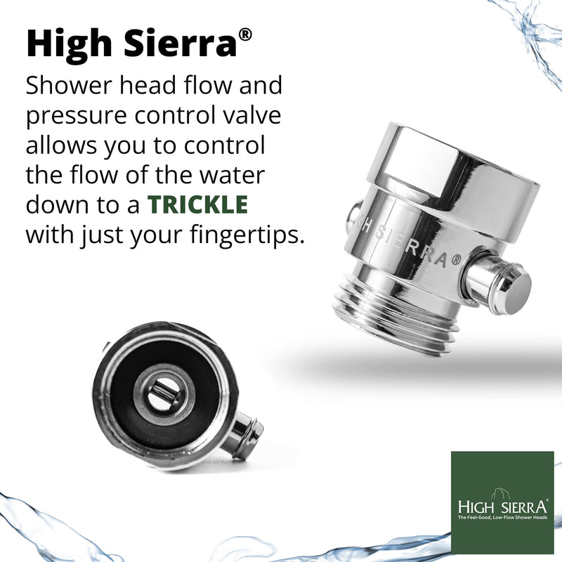 High Sierra® - All Lead-Free Brass Trickle Valve For Shower Heads. For Pause & Pressure Control. Easy To Push Button Reduces The Flow of Water or Shuts It Off to Just a Trickle - Chrome