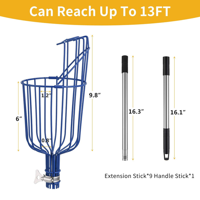 Oak Leaf Fruit Picker, 13 Foot Fruit Picker Pole with Basket Apple Orange Picker Tool Tree Fruit Catcher with Lightweight Stainless Steel Connecting Pole, Sturdy Basket with Foam Pad, Metal Clamp