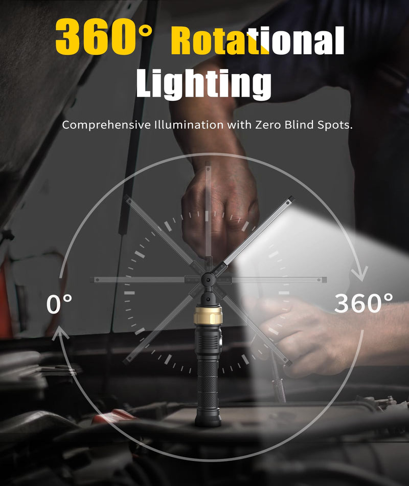 Rechargeable Work Light - 5000mAh Magnetic Work Light with 360° Rotate Foldable Design, 1200 Lumens Led Work Light, 3 Lighting Modes Mechanic Light for Car Repairing/Emergency