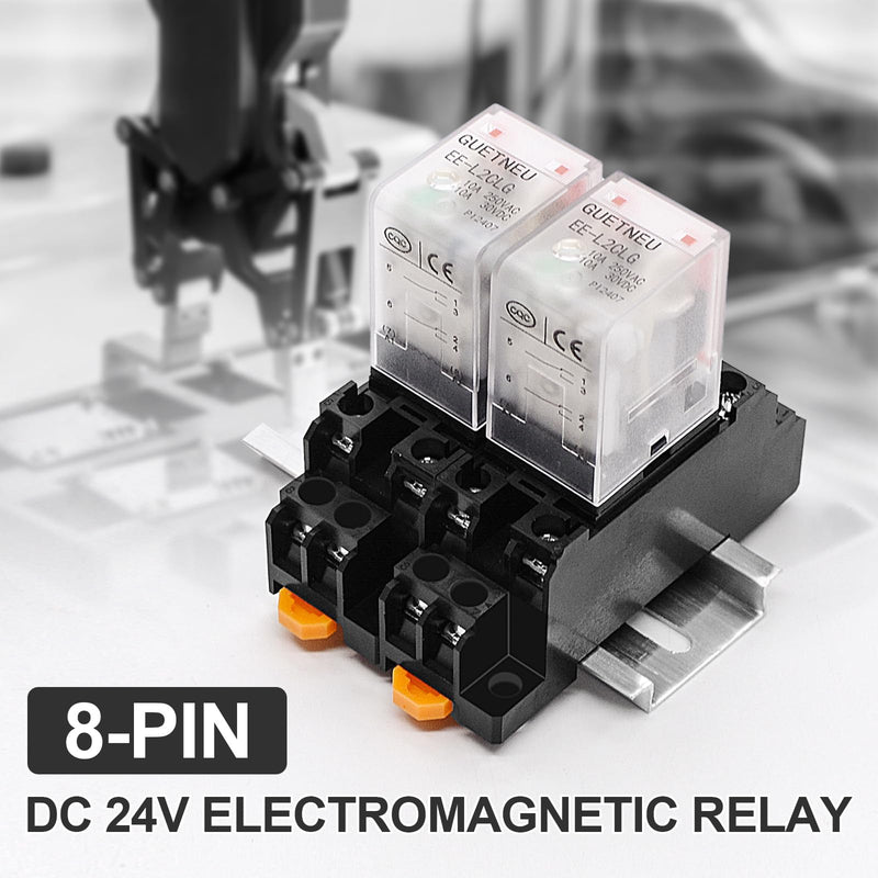2 Pcs Electromagnetic Power Relays, Green Indicator Light, 8-Pin DPDT 10 A 24 VDC Relay with Plug-in Terminal Socket, DIN Rail Mounted, CQC, CE (EE-L2CLG) 8-Pin 24 VDC