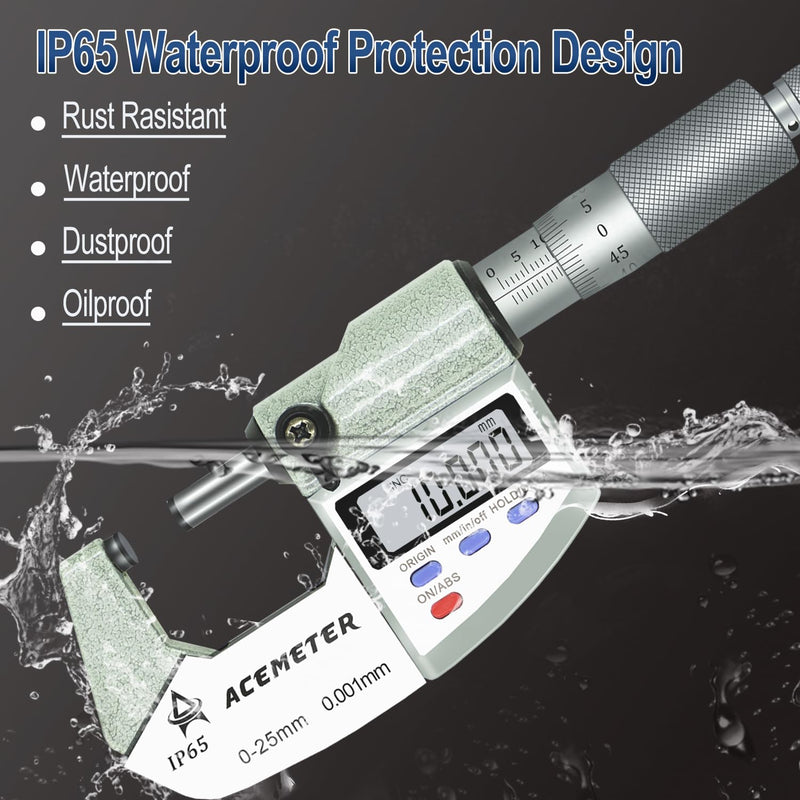 Digital Micrometer Precision Professional 0-1" (0-25mm) Range, 0.00005" (0.001mm) Resolution,Large Screen Digital Micrometer, Meets IP65 Specifications with Standard Ratchet Stop