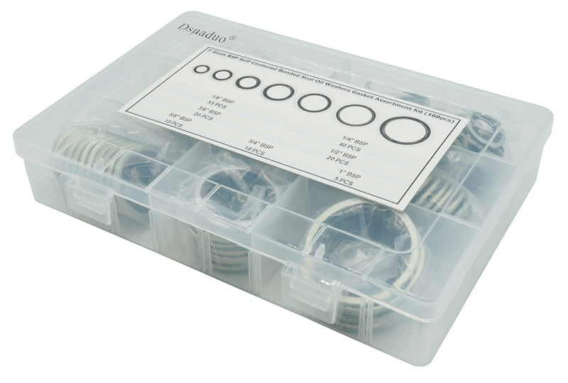 160Pcs, 7 Sizes BSP Dowty Self-Centered Bonded Seal Oil Washers Gasket Assortment Kit Replace 32300 with Box (1/8, 1/4, 3/8, 1/2, 5/8, 3/4, 1), for Automotive, Bearings, Pumps
