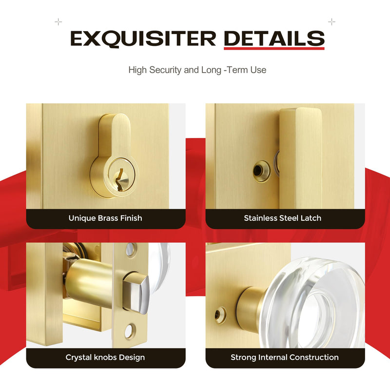1 Pack Brass Combo Sets,Gold Crystal Door Knobs Interior,Modern Glass Door Knob with Single Cylinder Deadbolt,Satin Brass Finished 1 Pack Gold