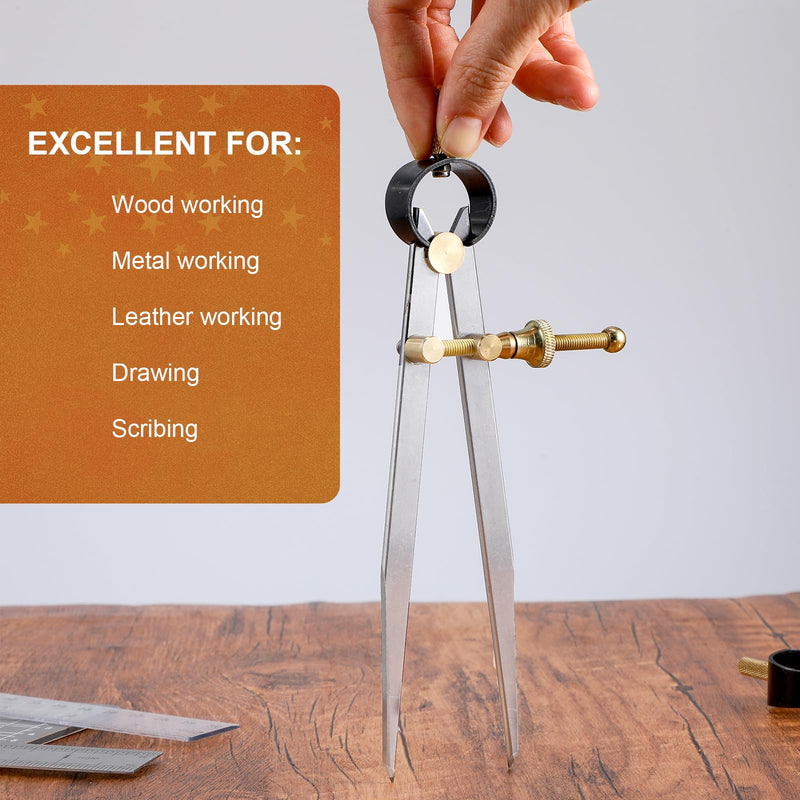 2 PCS Adjustable Lockable Spring Wing Divider Calipers, 6 Inch and 8 Inch Steel Leather Compass Creaser, Drafting Compass Tool for Woodworking, Metalworking, Geometry Drawing