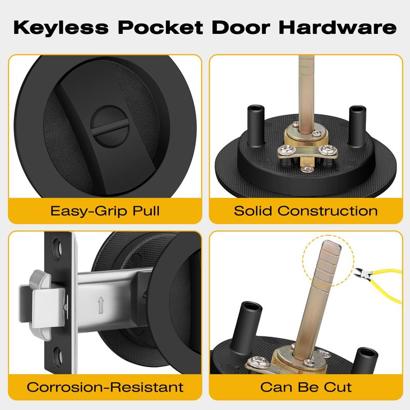 1 Pack Matte Black Pocket Door Lock, Keyless Privacy Pocket Door Hardware for Bedroom Bathroom, Sliding Pocket Door Handle with Edge Pull, Reversible for Left/Right Doors Round - 1 Pack Privacy + PLB